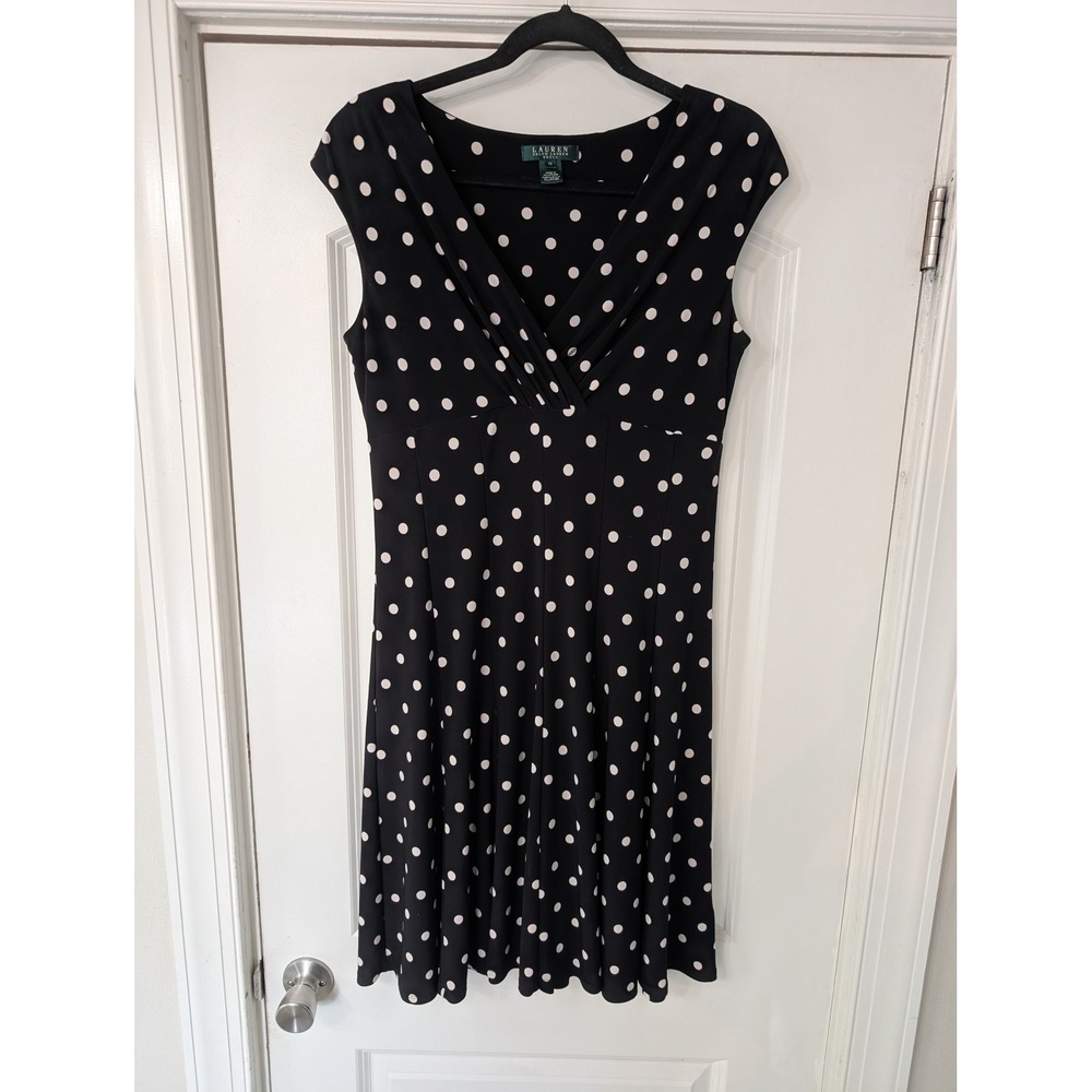 Lauren Ralph Lauren Black White Polka Dot Ruched Dress Size 10 career‎ old money